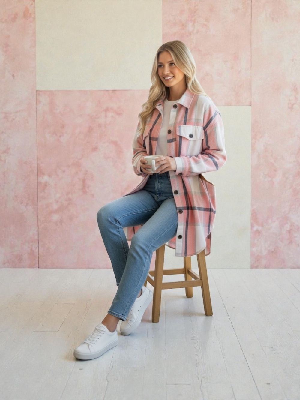 SHEIN Pink Plaid Longline Shacket Coat
